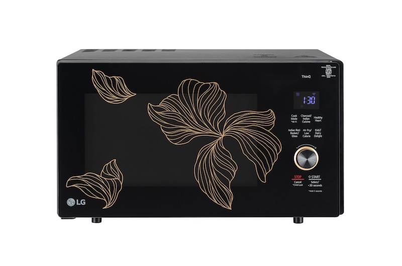 Front view of LG 28 L Convertible Microwave Oven with Air Fry, Charcoal Lighting Heater™, 331 Auto Cook Menu Powered by Thinq, Black MJEN286UGWF