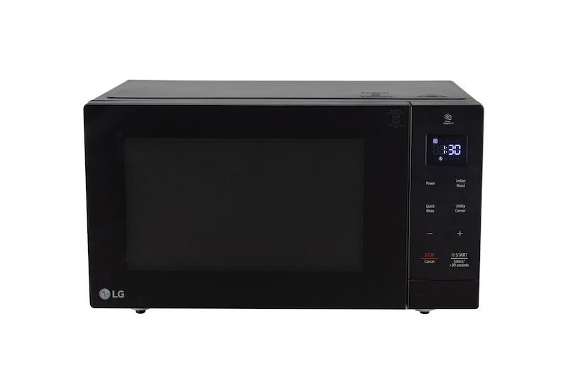 Front view of LG 30 L Solo Microwave Oven with Glass Door, i-wave technology, Anti-Bacteria Cavity, Black Color MS3032BK