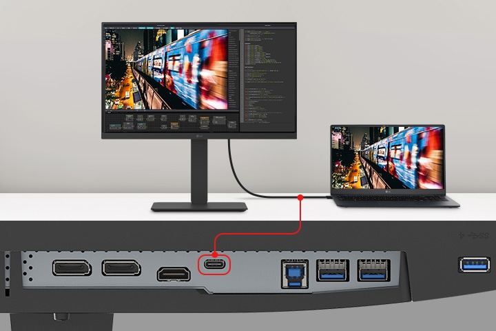 An image of a laptop and monitor connected with a single USB Type-C cable.