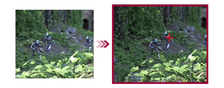 27GN60R-B-A comparison of two gaming scenes between conventional mode and Crosshair mode which leads to better aiming