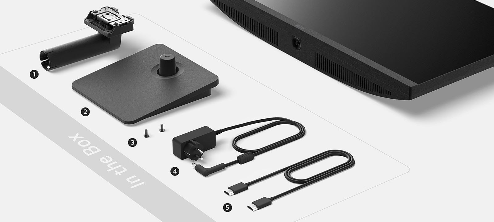 Stand body, Stand base, Screw, Adapter+Power code and HDMI cable in the box.	