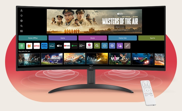On the smart monitor screen, the webOS interface is displayed. Speaker waves emanate from the bottom corners of the monitor, and on the right side of the screen, there is a remote control.