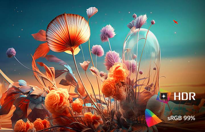 The screen displays a vibrant image showcasing HDR10 with 99% sRGB coverage.