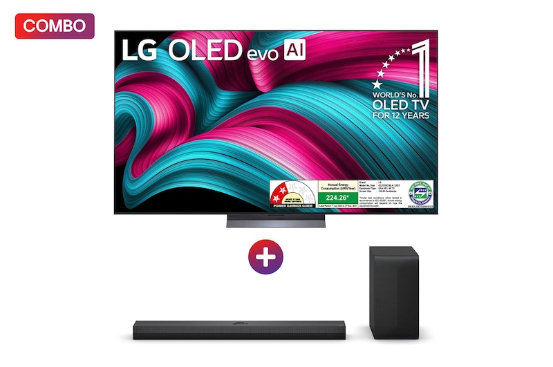 Front view of LG OLED evo 139cm (55) TV (C5), α9 AI Processor 4K Gen8, VRR 144Hz Refresh Rate, Dolby Vision & Atmos 2025 + LG Soundbar for QNED TV with Dolby Atmos, 3.1.1 Channel, Center Up-firing Speaker OLED55C5.S70TY