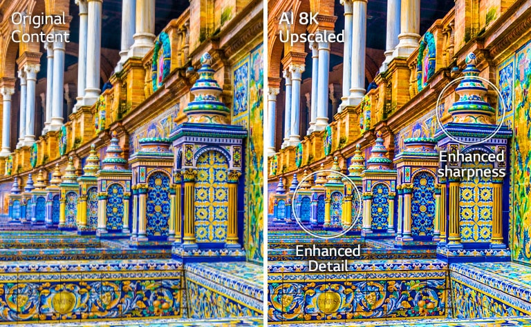 Side-by-side images of a brightly colored mosaiced building. The right shows the original and the right shows the image after AI 8K upscaling with enhanced detail and sharpness.