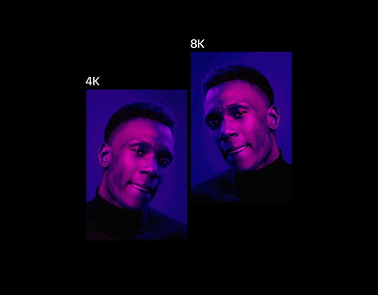 On the right is an image of a close-up of man’s face under purple lighting and the text above it says 8K. It is very clear. On the left is a same image but a bit less clear and the text above it says 2K and the image becomes a bit clearer and the text above changes to 4K.