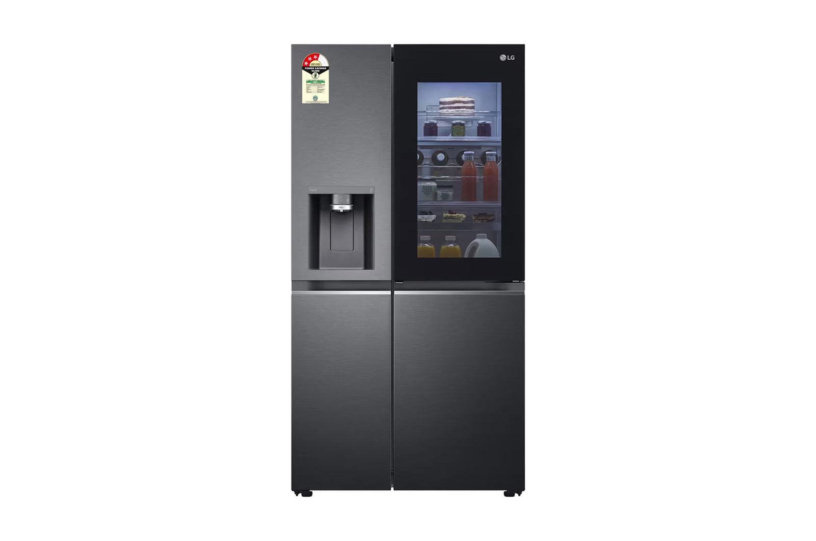 Front view of LG 630L Side-by-Side Refrigerator, InstaView Door-in-Door™, Wi-Fi Convertible, Matte Black Finish, 3 Star GL-X257AMC3