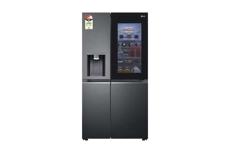 Front view of LG 630L Side-by-Side Refrigerator, InstaView Door-in-Door™, Wi-Fi Convertible, Matte Black Finish, 3 Star GL-X257AMC3