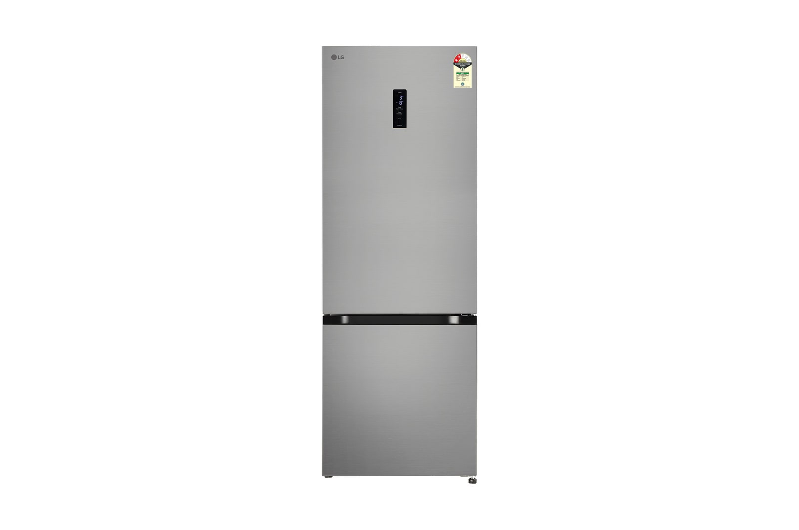 Front view of LG 340L Bottom Freezer Refrigerator, Door Cooling+™, Wi-Fi Convertible, E-Micom, Shiny Steel, 2 Star GLB3426BDPZ