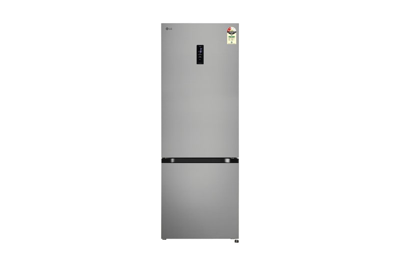 Front view of LG 340L Bottom Freezer Refrigerator, Door Cooling+™, Wi-Fi Convertible, E-Micom, Shiny Steel, 2 Star GLB3426BDPZ