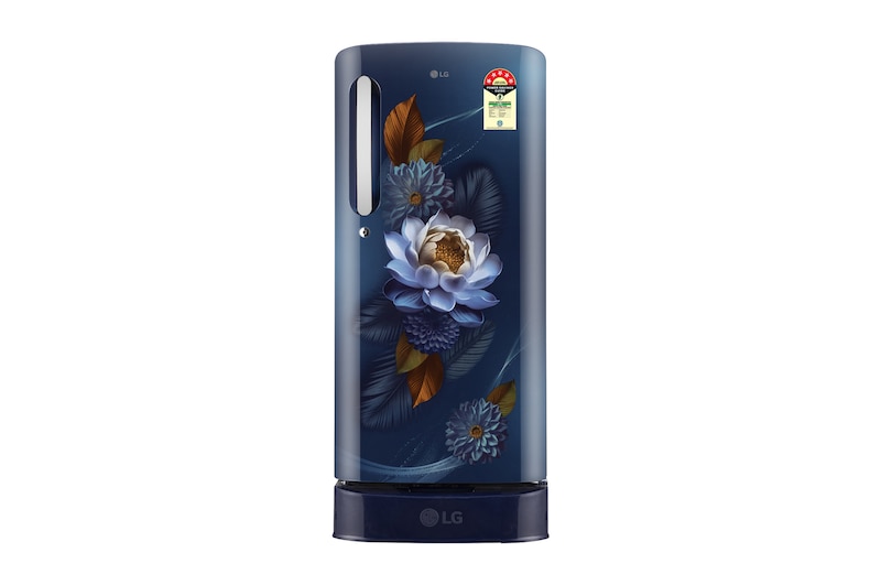 Front view of LG 185 L Single Door Refrigerator, Base Stand Drawer, Direct Cool, Smart Inverter Compressor, Blue Waterlilly, 5 Star GLD1956ZABW