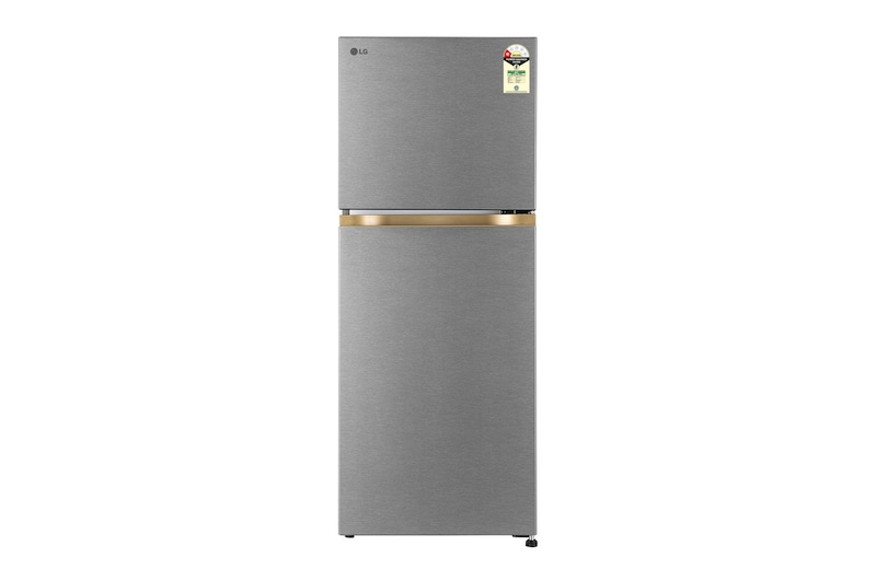 Front view of LG 225L Double Door Refrigerator with Smart Mode, Auto Smart Connect, Smart Inverter Compressor, Multi Air Flow, Dazzle Steel, 1 Star GLT2216WYDS