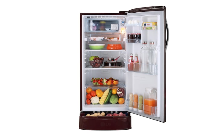 LG 185L Single Door Refrigerator, Smart Inverter Compressor, Base Stand Drawer, Scarlet Euphoria Finish, 5 Star, GL-D201ASEU, Door Open