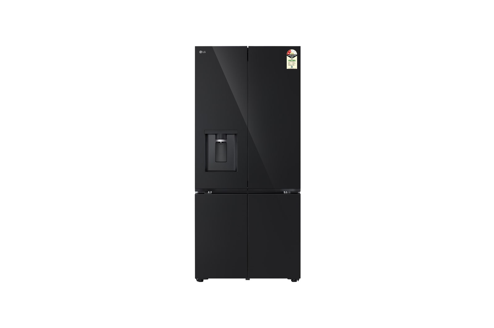 Front view of LG 605L French Door Refrigerator, Water Dispenser, Auto Ice Maker, Wi-Fi Convertible, Black Glass Finish, 2 Star GV-F25FFGHB