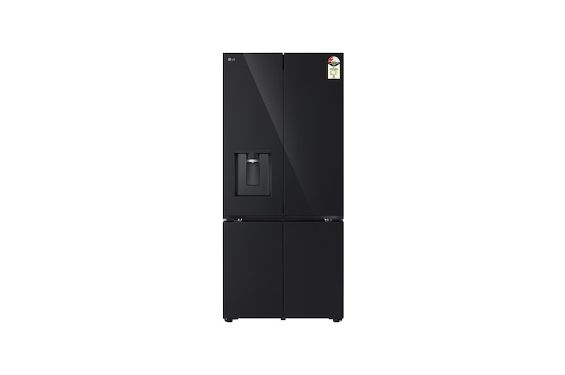 Front view of LG 605L French Door Refrigerator, Water Dispenser, Auto Ice Maker, Wi-Fi Convertible, Black Glass Finish, 2 Star GV-F25FFGHB