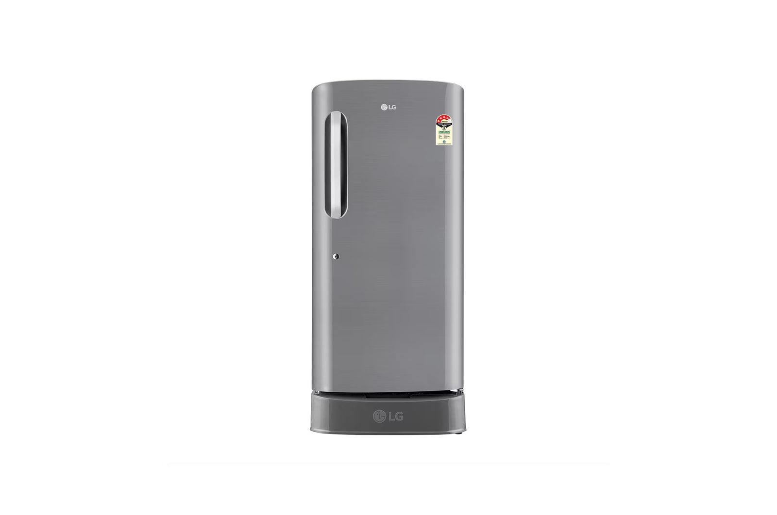 Front view of LG 210L Single Door Refrigerator with Smart Inverter Compressor, Anti Bacterial Gasket, Shiny Steel, 4 Star GL-D231APZY