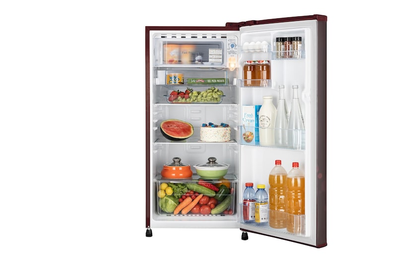 LG 185L 4Star Single Door Refrigerator with Smart Inverter Compressor in Scarlet Euphoria Finish, GL-B199OSEY, Door Open