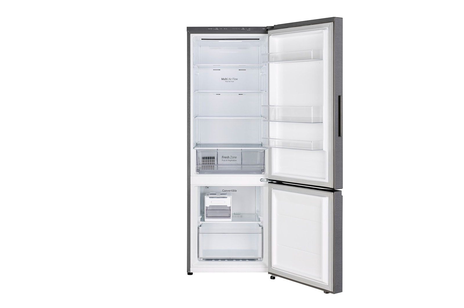 LG 340L Bottom Freezer Refrigerator, Door Cooling+™, Wi-Fi Convertible, Smart Inverter Compressor, Dazzle Steel, 2 Star, GL-B382CDSY, Door Open