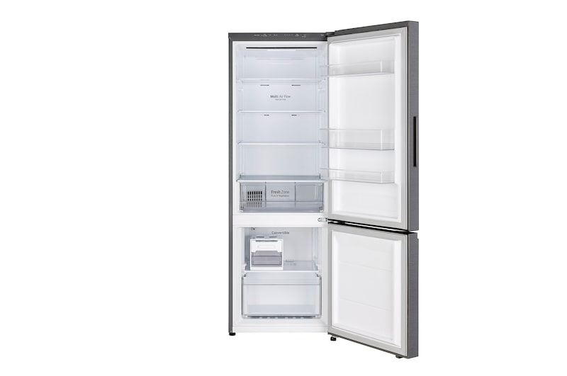 LG 340L Bottom Freezer Refrigerator, Door Cooling+™, Wi-Fi Convertible, Smart Inverter Compressor, Dazzle Steel, 2 Star, GL-B382CDSY, Door Open