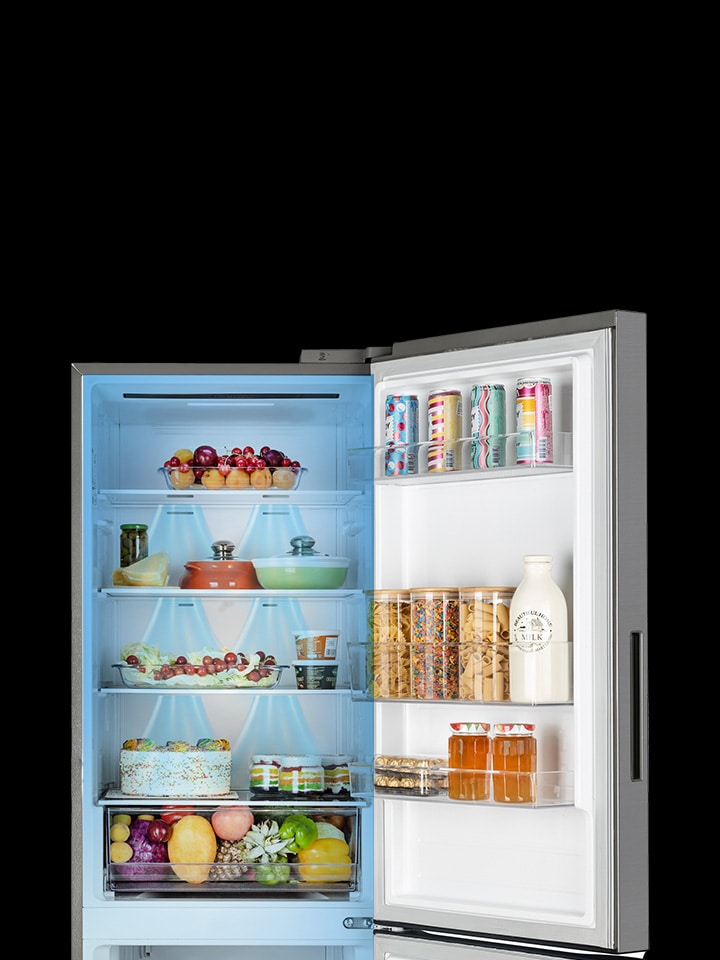 A refrigerator with Multi Air Flow technology, showing temperature control that helps keep stored items fresh for longer