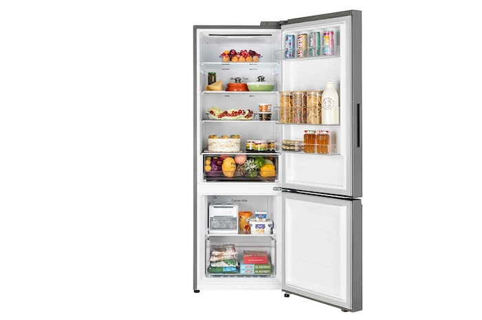 LG 340L Bottom Freezer Refrigerator, Door Cooling+™, Wi-Fi Convertible, E-Micom, Shiny Steel, 3 Star, GL-B382DPZX, Door Open