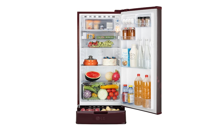 LG 185L Single Door Refrigerator, Smart Inverter Compressor, Base Stand Drawer, Scarlet Euphoria Finish, 4 Star, GL-D199OSEY
