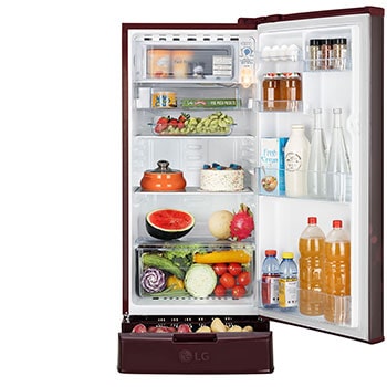 LG 185L Single Door Refrigerator, Smart Inverter Compressor, Base Stand Drawer, Scarlet Euphoria Finish, 4 Star, GL-D199OSEY