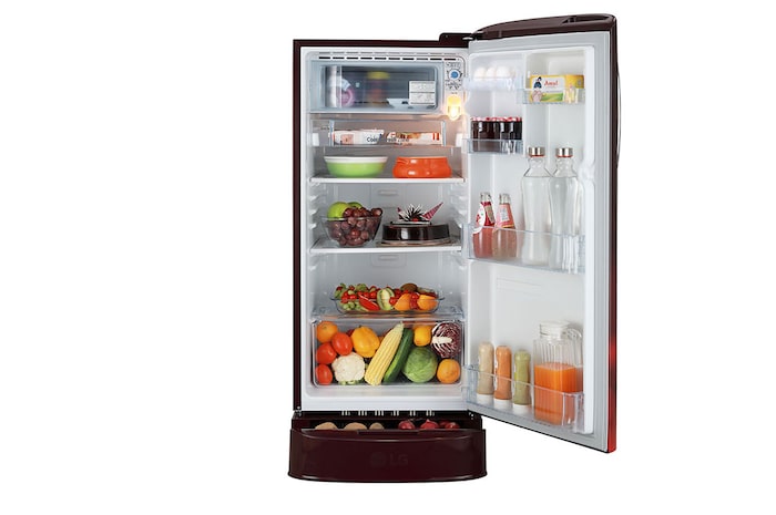LG 185L Single Door Refrigerator with Base Stand Drawer, Smart Inverter Compressor, Smart Connect, Scarlet Charm, 5 Star, GL-D201ASCU