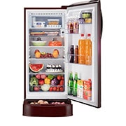 LG 201L Single Door Refrigerator with Smart Inverter Compressor, Base Stand Drawer, Red Water Lily Finish, 5 Star, GL-D211HRWZ, Door Open