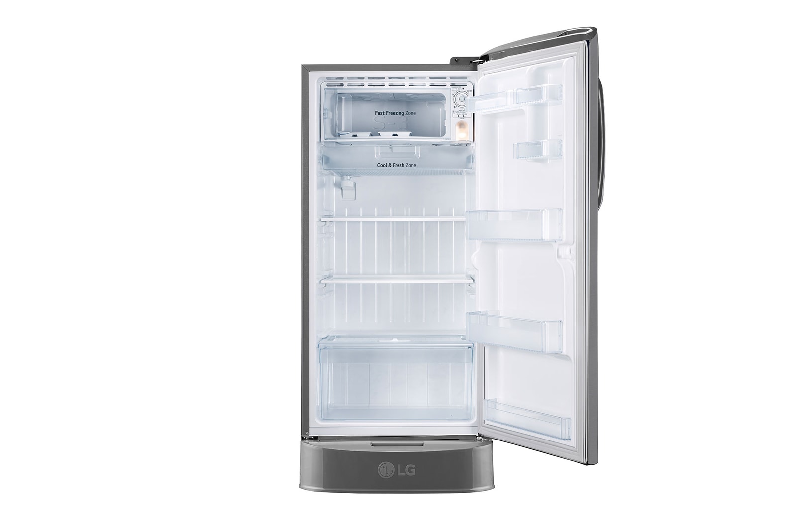 LG 210L Single Door Refrigerator with Smart Inverter Compressor, Anti Bacterial Gasket, Shiny Steel, 4 Star, GL-D231APZY, Door Open