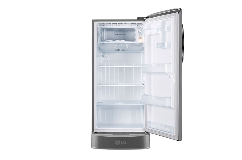 LG 210L Single Door Refrigerator with Smart Inverter Compressor, Anti Bacterial Gasket, Shiny Steel, 4 Star, GL-D231APZY, Door Open
