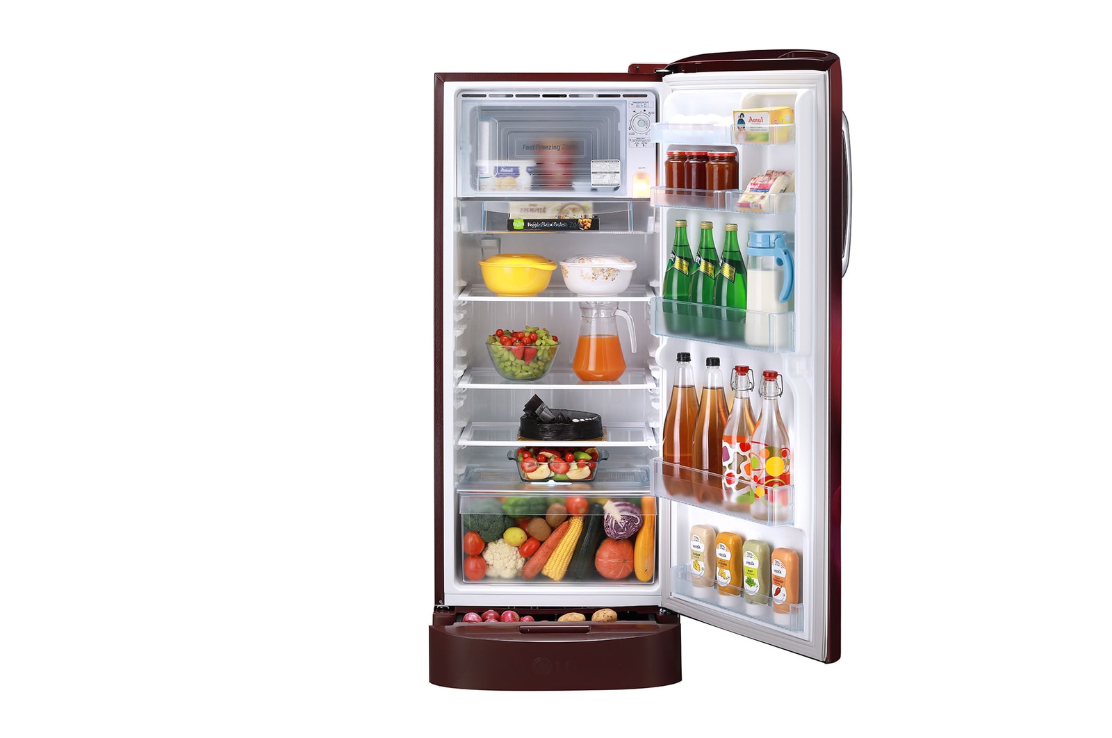 LG 224L Single Door Refrigerator, Smart Inverter Compressor with Base Stand Drawer, Scarlet Aurora, 5 Star, GL-D241ASAU, Door Open