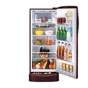 LG 224L Single Door Refrigerator, Smart Inverter Compressor with Base Stand Drawer, Scarlet Aurora, 5 Star, GL-D241ASAU, Door Open