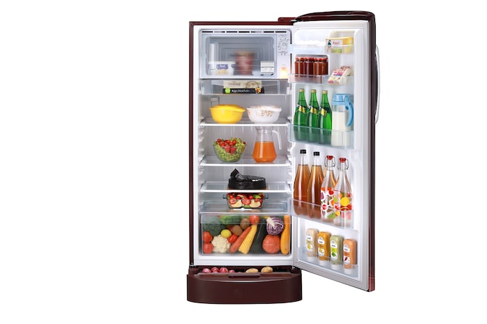 LG 224L Single-Door Refrigerator with Base Stand Drawer, Smart Inverter Compressor in Scarlet Marvel, 5 Star, GL-D241ASMU, Door Open