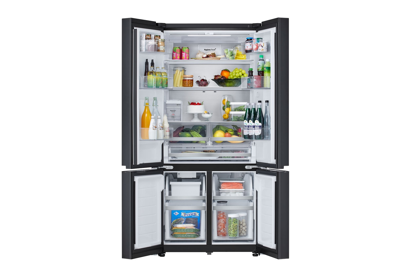 LG 605L French Door Refrigerator, Water Dispenser, Auto Ice Maker, Wi-Fi Convertible, Black Glass Finish, 2 Star, GV-F25FFGHB, Door Open