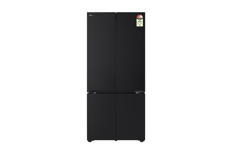 Front view of LG 574L French Door Refrigerator, Fresh Converter+, Wi-Fi Convertible, DoorCooling+ Black Glass Finish, 3 Star GV-B23FFGMB