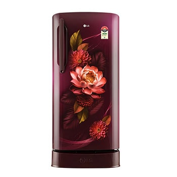 Front view of LG 201L Single Door Refrigerator with Smart Inverter Compressor, Base Stand Drawer, Red Water Lily Finish, 5 Star GL-D211HRWZ