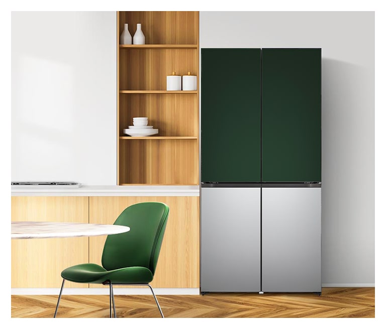 It shows solid green&silver color LG French Door Objet Collection is placed in a wood-tone modern kitchen.