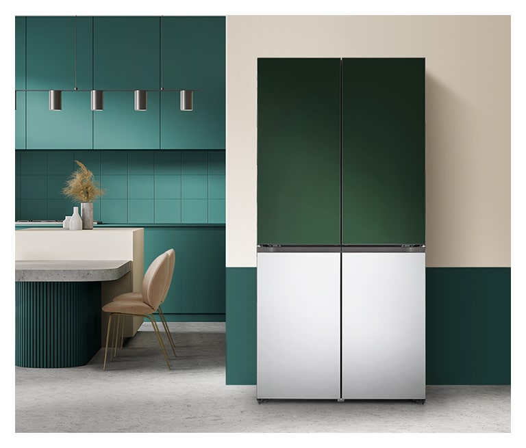 It shows solid green&silver color LG French Door Objet Collection is placed in a green-tone modern kitchen.