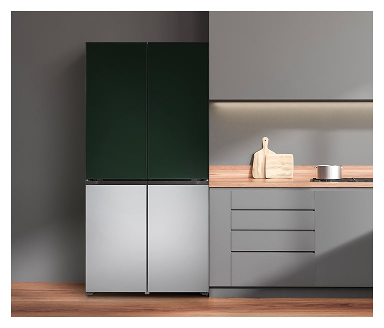 It shows solid green&silver color LG French Door Objet Collection is built in a dark-tone modern kitchen.