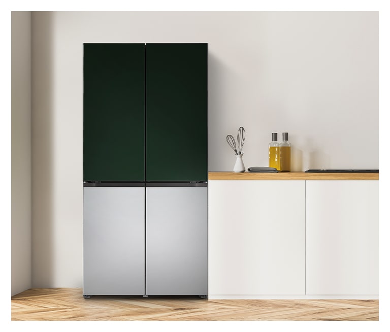 It shows solid green&silver color LG French Door Objet Collection is built in a bright-tone modern kitchen.