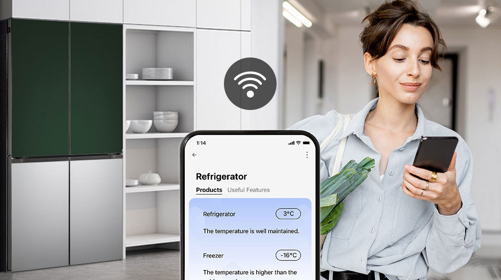 Image on the right shows a woman with a shopping basket looking at her cell phone. Image on the left shows the refrigerator front view. In the center of the images is an icon to show connectivity between the phone and refrigerator.