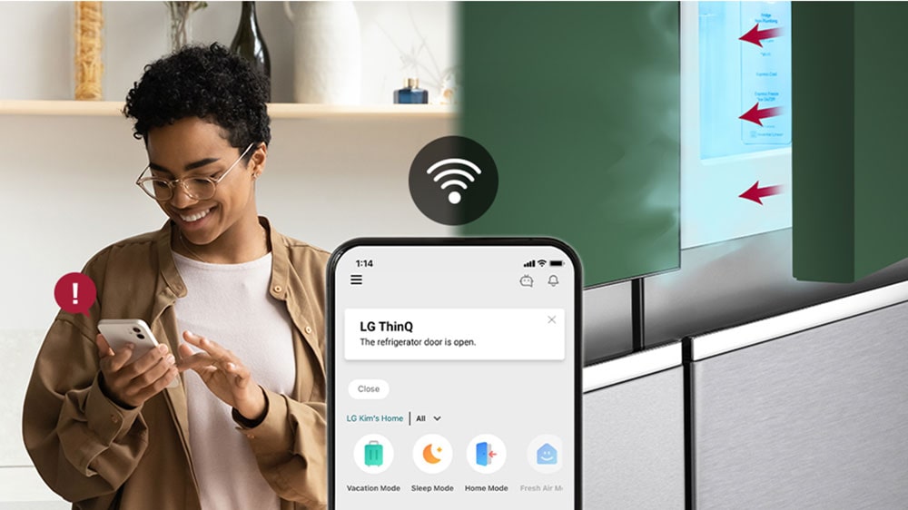 The image on the left shows the woman cooking.The image on the right shows that the refrigerator door has been left open. In the foreground of the two images is the phone screen which shows the LG ThinQ app notifications and the Wifi icon above the phone.