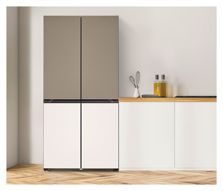 It shows Mist Pink & Beige color LG Side by Side Objet Collection is placed in a white-tone modern kitchen.