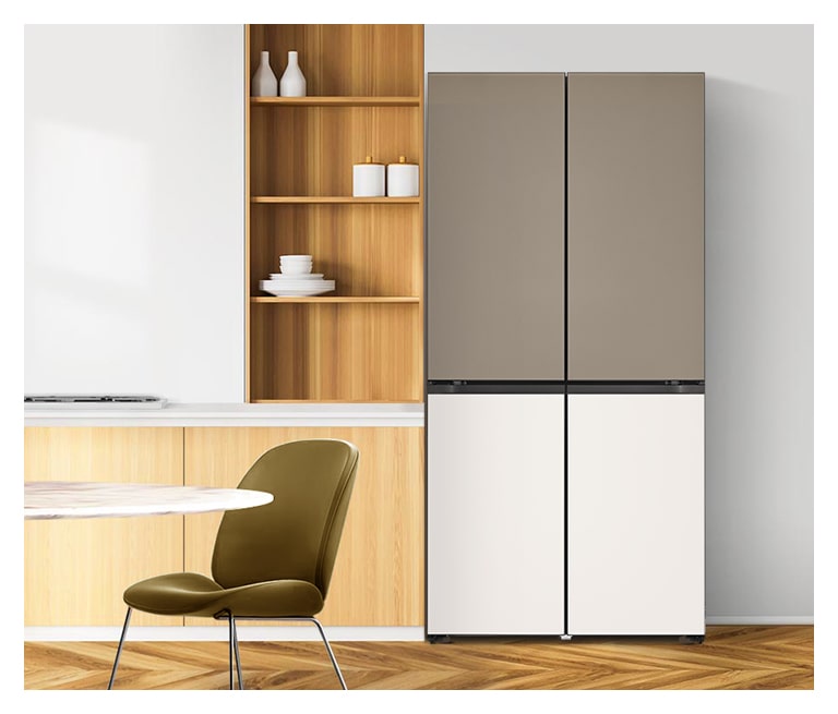 It shows Mist Pink & Beige color LG Side by Side Objet Collection is placed in a white-tone modern kitchen.