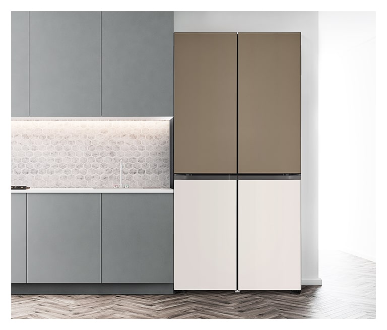 It shows Mist Pink & Beige color LG Side by Side Objet Collection is built in a grey-tone modern kitchen.