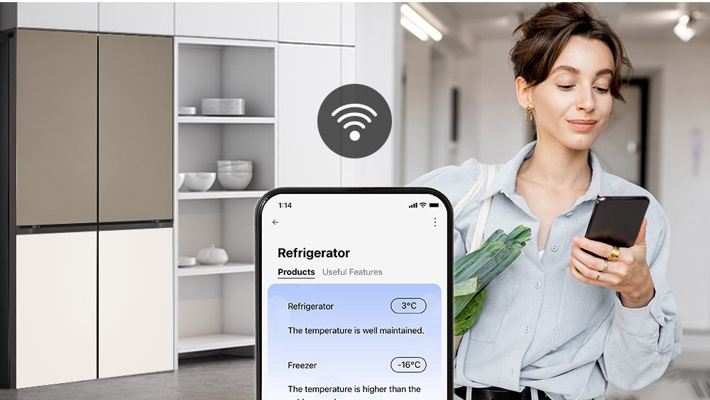 Image on the right shows a woman with a shopping basket looking at her cell phone. Image on the left shows the refrigerator front view. In the center of the images is an icon to show connectivity between the phone and refrigerator.