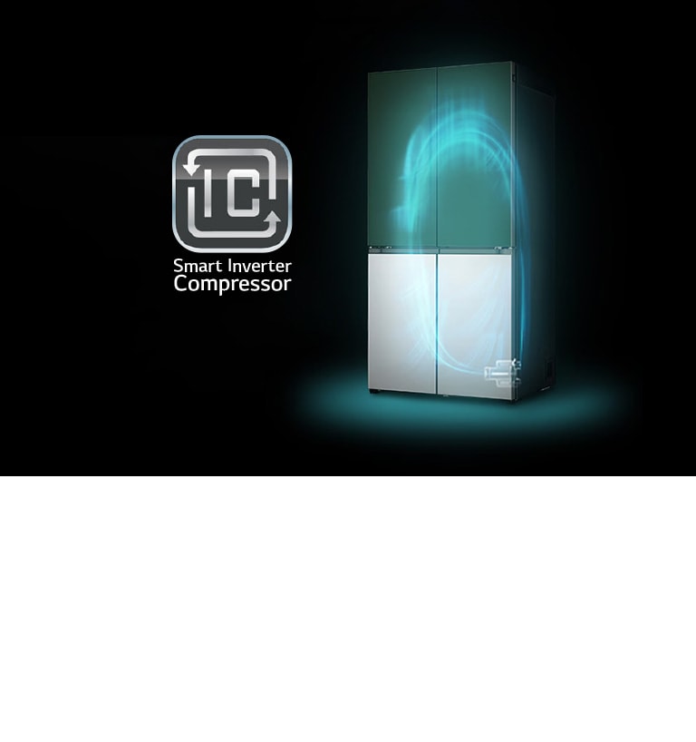 An image with a dark background. The outline of the refrigerator is dimmed. Cool air from the compressor is supplied into the product. Next to it, there is a logo for a 10-year warranty.