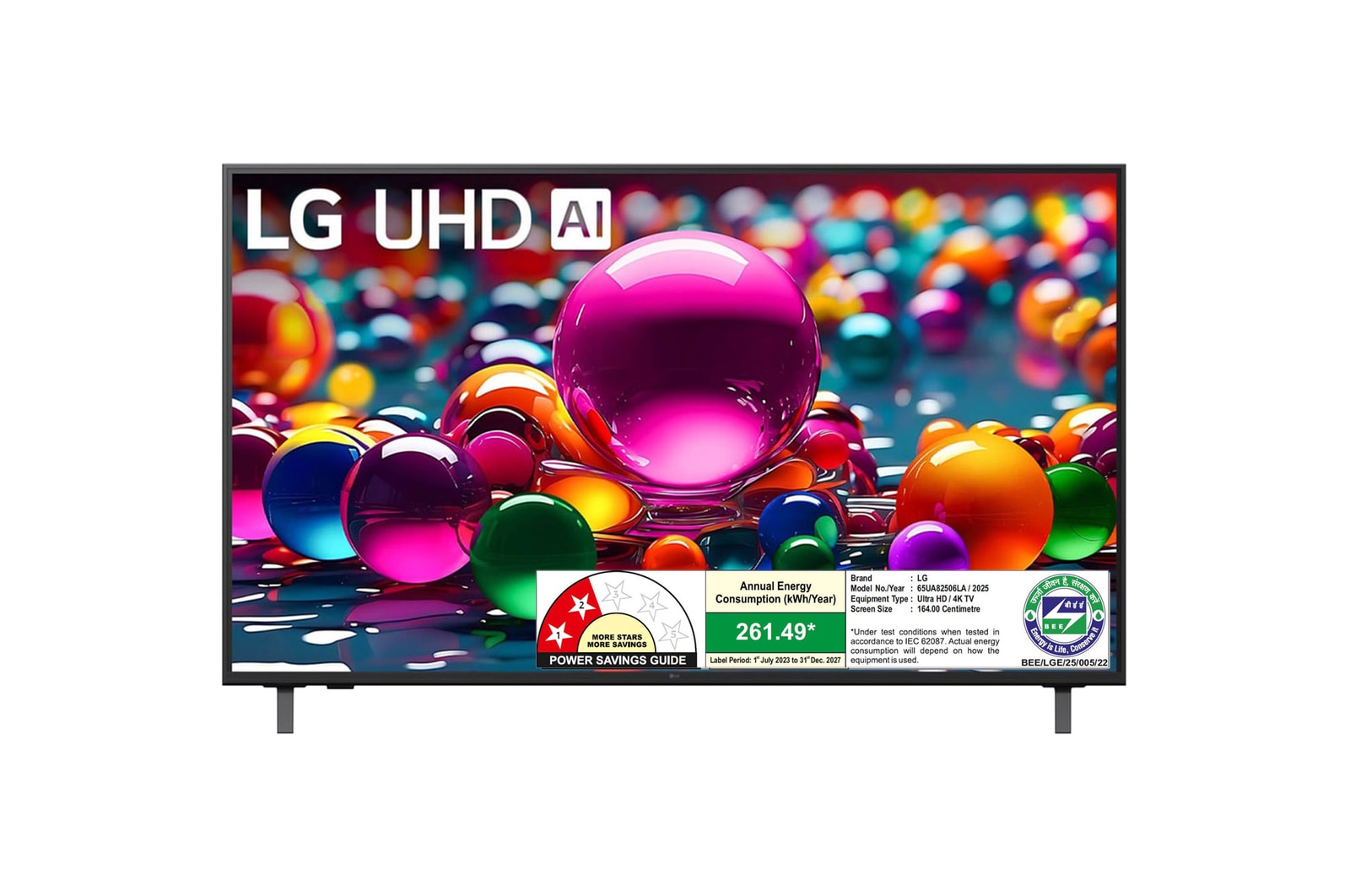 Front view of LG 164 cm (65) 4K UHD AI UA8250 Smart TV with α7 AI Processor Gen8, Filmmaker Mode with Dolby Atmos, 2025 65UA82506LA