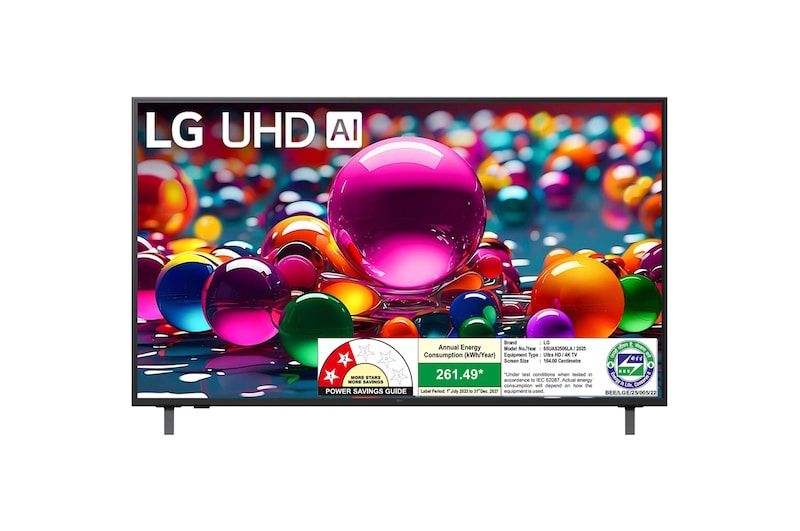 Front view of LG 164 cm (65) 4K UHD AI UA8250 Smart TV with α7 AI Processor Gen8, Filmmaker Mode with Dolby Atmos, 2025 65UA82506LA